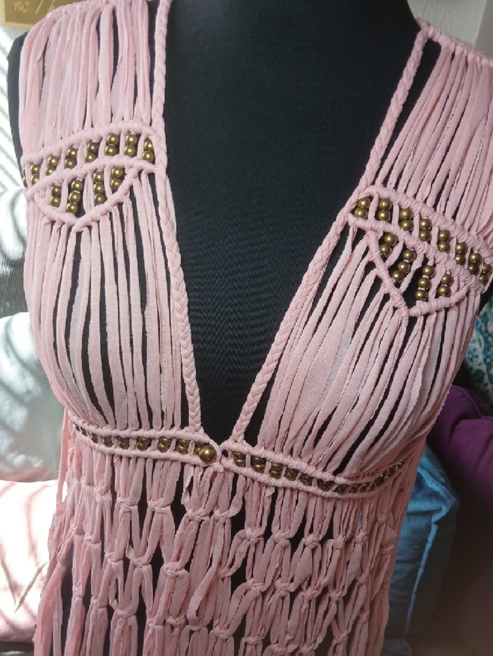 Boho Pink Macramé Fringe Vest with Beaded Trim - Picture 3 of 7